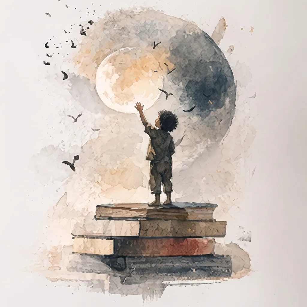Ilustración de un niño de pie sobre libros, alcanzando una esfera de luz